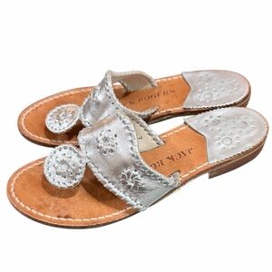 JACK ROGERS Leather Flat Sandal Silver Medallion Whiplace Size 6